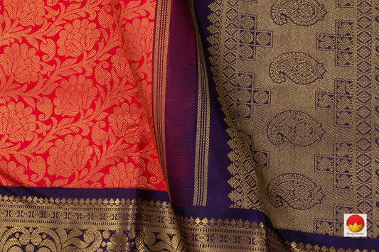 Red And Blue Kanchipuram Silk Saree Handwoven Pure Silk Pure Zari With Korvai Contrast Border For Wedding Wear PV NYC 725 - Silk Sari - Panjavarnam PV NYC 725