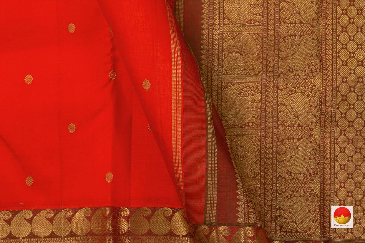 Red And Brown Zari Butta Kanchipuram Silk Saree Handwoven Pure Silk Pure Zari For Wedding Wear PV GTA 71 - Silk Sari - Panjavarnam