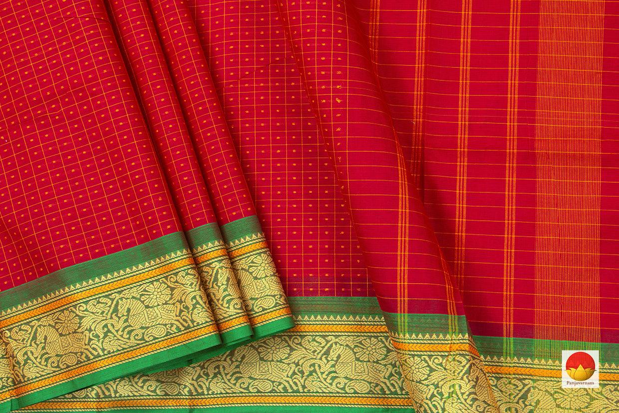 Red And Green Kanchi Cotton Saree Silk Thread Border For Office Wear PV KC 419 - Cotton Saree - Panjavarnam PV KC 419