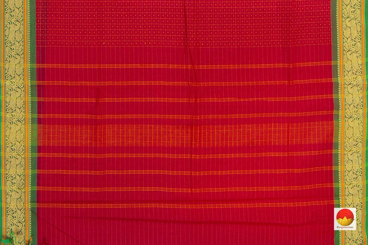 Red And Green Kanchi Cotton Saree Silk Thread Border For Office Wear PV KC 419 - Cotton Saree - Panjavarnam PV KC 419