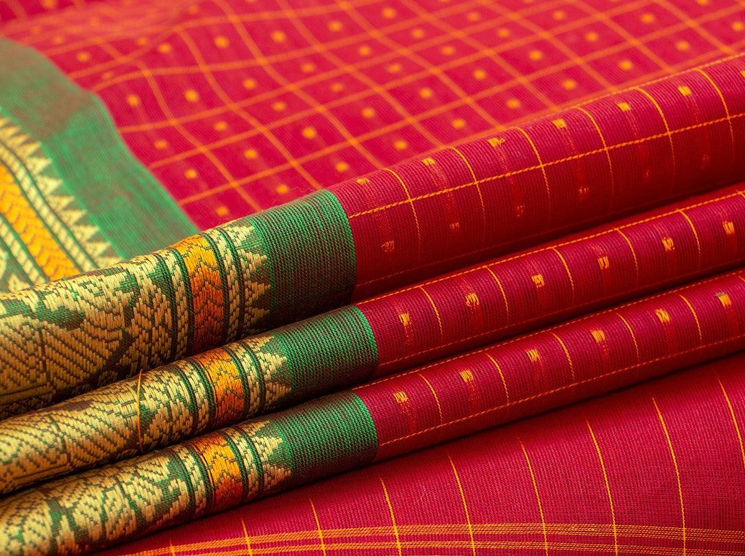 Red And Green Kanchi Cotton Saree Silk Thread Border For Office Wear PV KC 419 - Cotton Saree - Panjavarnam PV KC 419