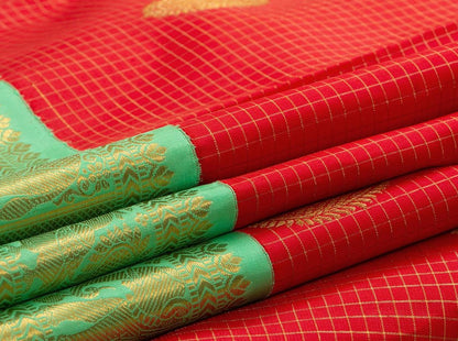 Red And Green Kanchipuram Silk Saree Handwoven Pure Silk Pure Zari For Wedding Wear PV NYC 586 - Silk Sari - Panjavarnam