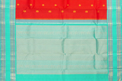 Red And Turquoise Blue Kanchipuram Silk Saree With Medium Border Handwoven Pure Silk For Wedding Wear PV NYC 1095 - - Panjavarnam