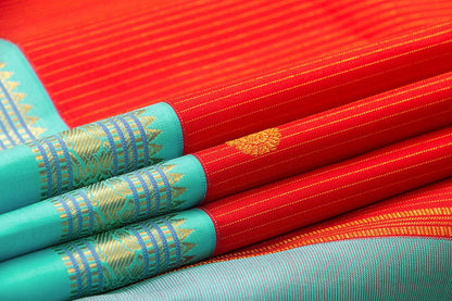 Red And Turquoise Blue Kanchipuram Silk Saree With Medium Border Handwoven Pure Silk For Wedding Wear PV NYC 1095 - - Panjavarnam