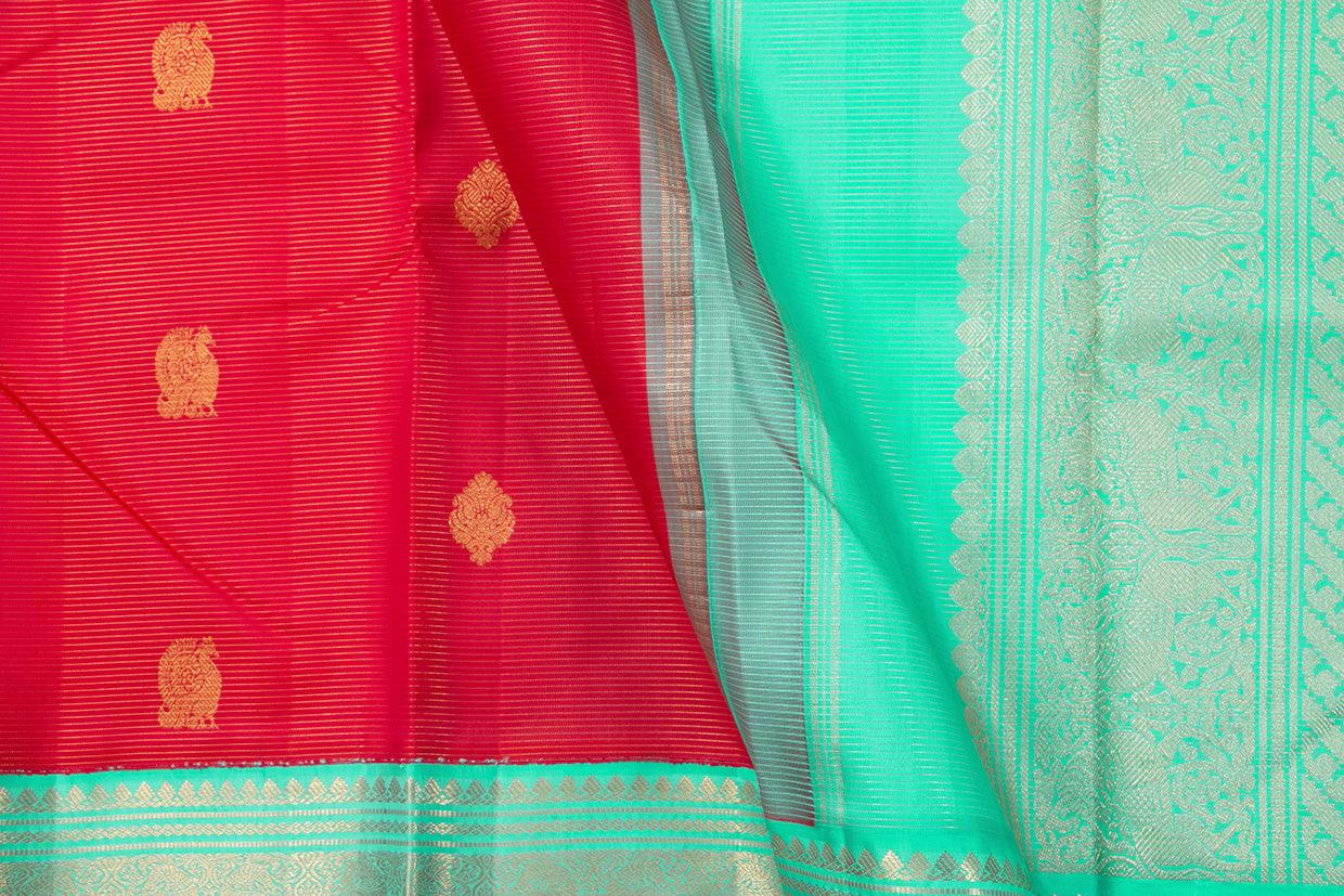 Red And Turquoise Blue Kanchipuram Silk Saree With Small Border Handwoven Pure Silk For Wedding Wear PV NYC 1012 - Silk Sari - Panjavarnam