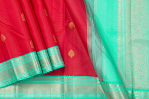 Red And Turquoise Blue Kanchipuram Silk Saree With Small Border Handwoven Pure Silk For Wedding Wear PV NYC 1012 - Silk Sari - Panjavarnam PV NYC 1012