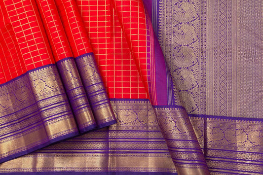 Red And Violet Kanchipuram Silk Saree With Gold Zari Checks And Medium Border Handwoven Pure Silk For Wedding Wear PV NYC 1039 - Silk Sari - Panjavarnam