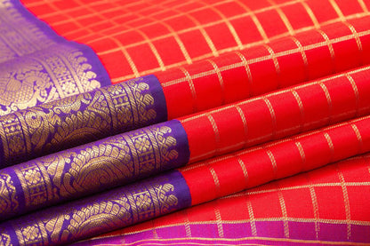 Red And Violet Kanchipuram Silk Saree With Gold Zari Checks And Medium Border Handwoven Pure Silk For Wedding Wear PV NYC 1039 - Silk Sari - Panjavarnam