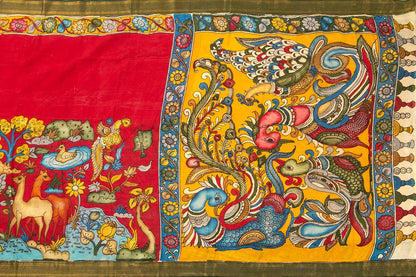 Red And Yellow Handpainted Kalamkari Mangalgiri Silk Saree Organic Dyes For Office Wear PKMS 61 - Kalamkari Silk - Panjavarnam