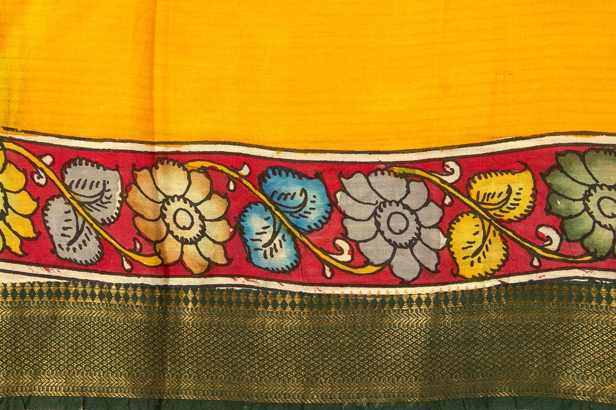 Red And Yellow Handpainted Kalamkari Mangalgiri Silk Saree Organic Dyes For Office Wear PKMS 61 - Kalamkari Silk - Panjavarnam