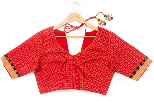Red And Yellow Kanchi Cotton Readymade Blouse PV BL 163 - Blouse - Panjavarnam PV BL 163