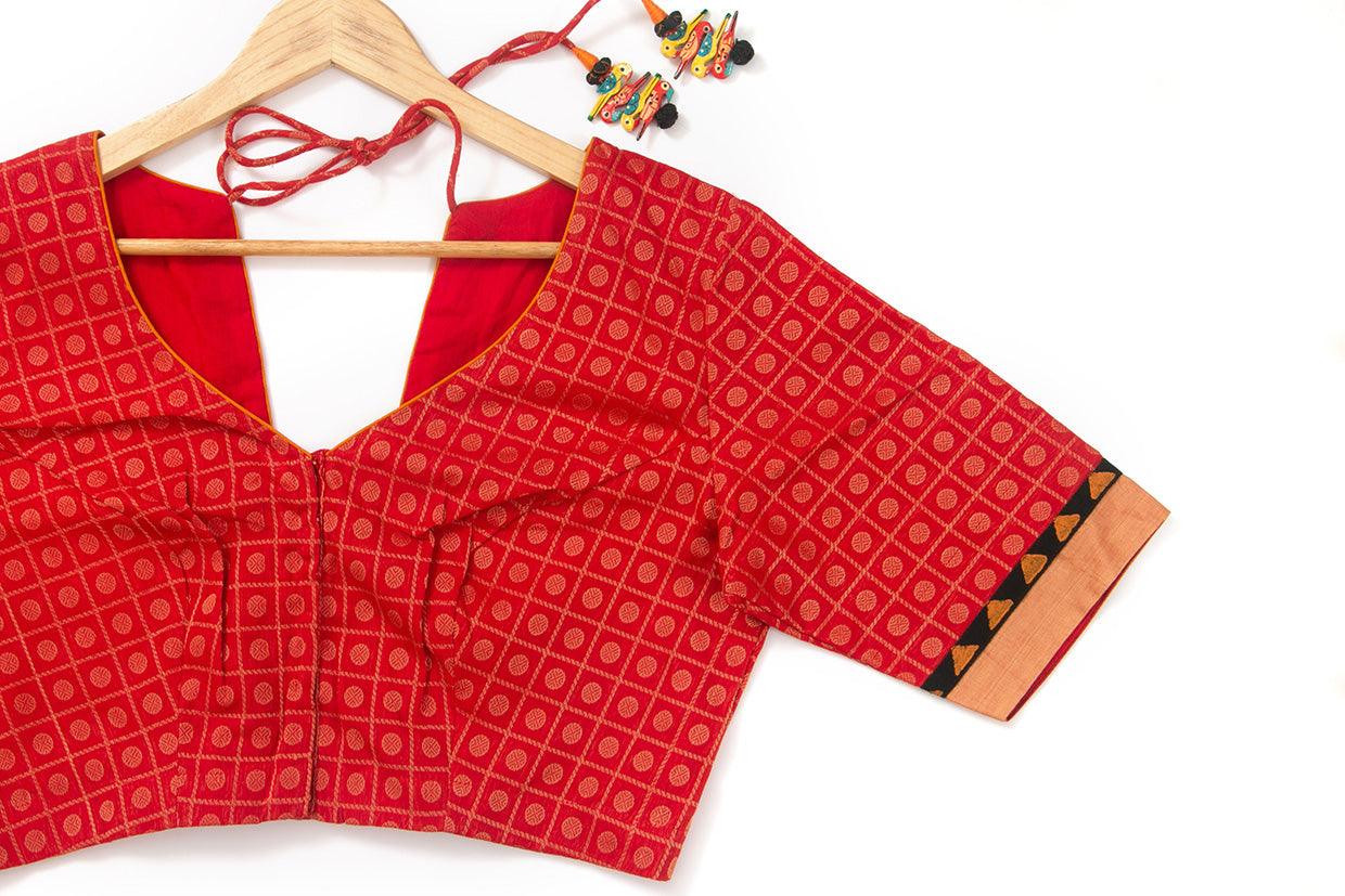 Red And Yellow Kanchi Cotton Readymade Blouse PV BL 163 - Blouse - Panjavarnam PV BL 163