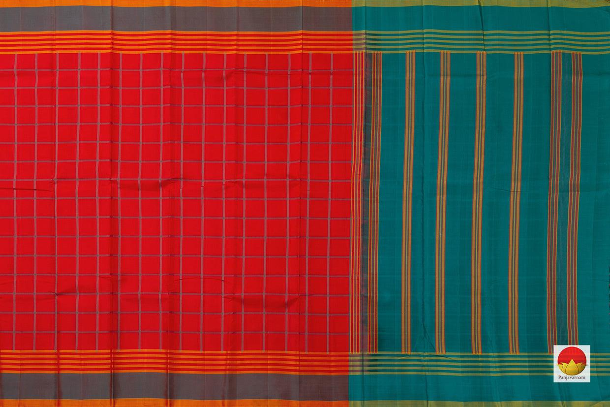 Red Checks Kanchipuram Silk Saree Handwoven Pure Silk No Zari For Office Wear PV NYC 718 - Silk Sari - Panjavarnam