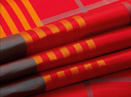 Red Checks Kanchipuram Silk Saree Handwoven Pure Silk No Zari For Office Wear PV NYC 718 - Silk Sari - Panjavarnam