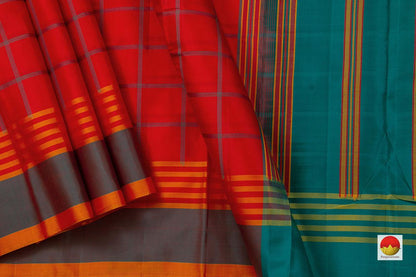 Red Checks Kanchipuram Silk Saree Handwoven Pure Silk No Zari For Office Wear PV NYC 718 - Silk Sari - Panjavarnam PV NYC 718