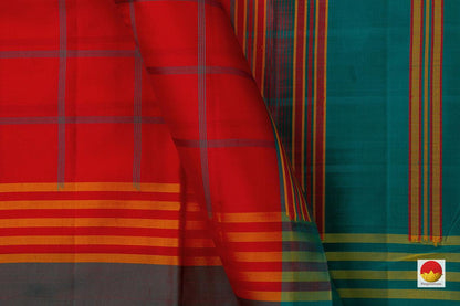 Red Checks Kanchipuram Silk Saree Handwoven Pure Silk No Zari For Office Wear PV NYC 718 - Silk Sari - Panjavarnam PV NYC 718