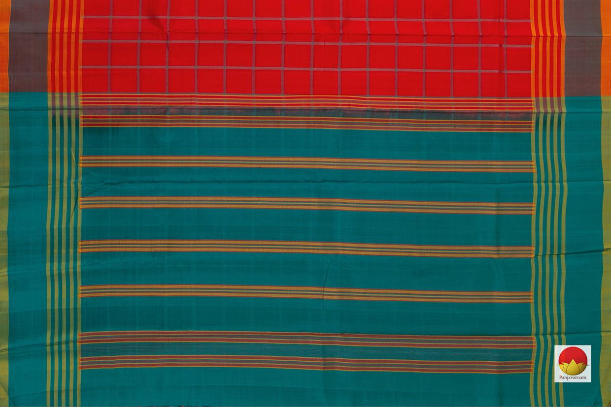 Red Checks Kanchipuram Silk Saree Handwoven Pure Silk No Zari For Office Wear PV NYC 718 - Silk Sari - Panjavarnam PV NYC 718