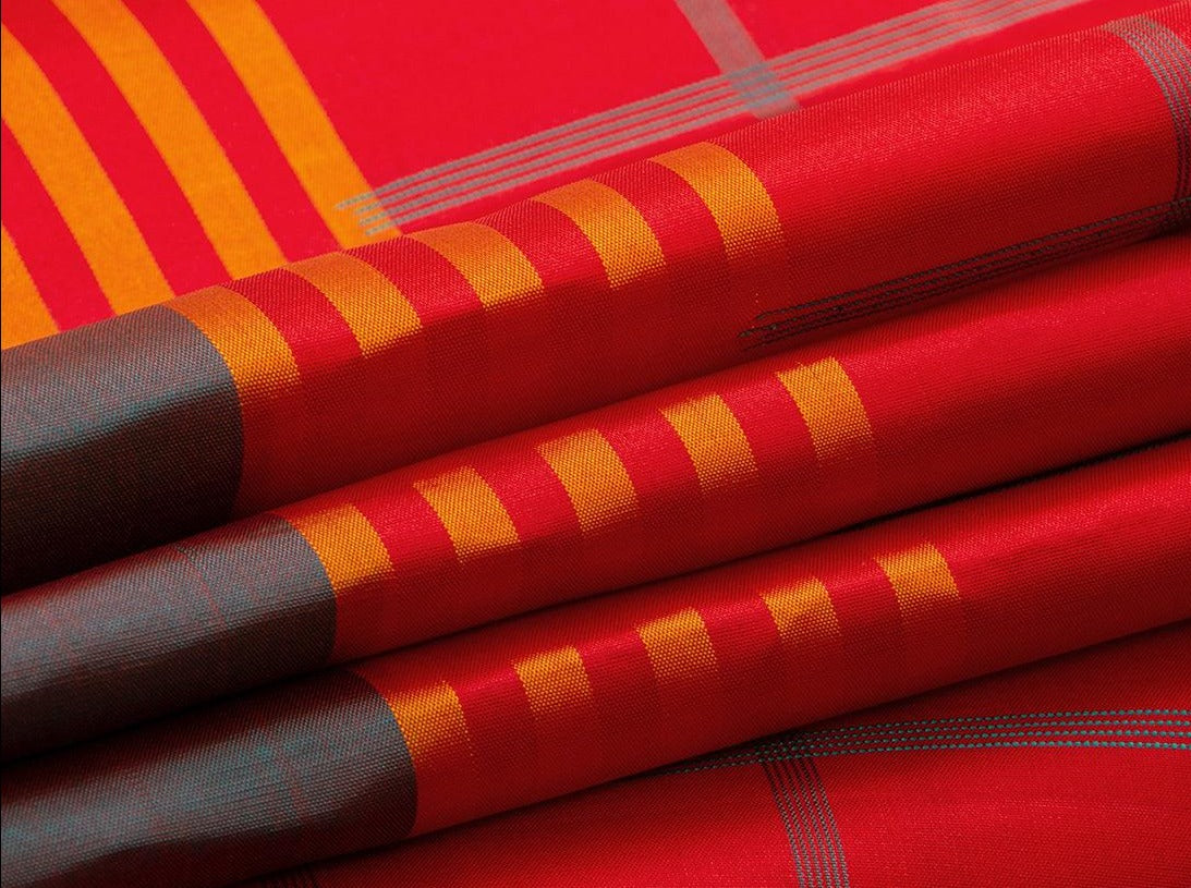 Red Checks Kanchipuram Silk Saree Handwoven Pure Silk No Zari For Office Wear PV NYC 718 - Silk Sari - Panjavarnam PV NYC 718