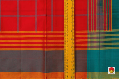 Red Checks Kanchipuram Silk Saree Handwoven Pure Silk No Zari For Office Wear PV NYC 718 - Silk Sari - Panjavarnam PV NYC 718