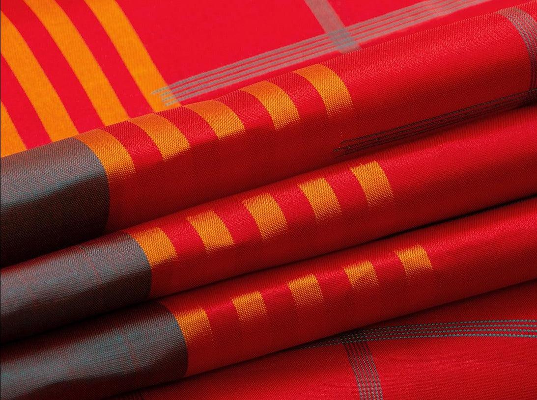 Red Checks Kanchipuram Silk Saree Handwoven Pure Silk No Zari For Office Wear PV NYC 718 - Silk Sari - Panjavarnam PV NYC 718