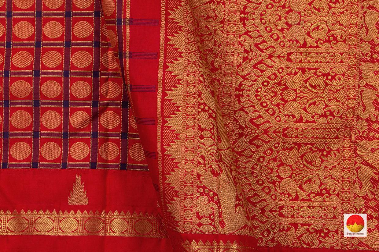 Red Checks Kanchipuram Silk Saree With Rettai Pettu Border Handwoven Pure Silk Pure Zari For Wedding Wear PV NYC 732 - Silk Sari - Panjavarnam