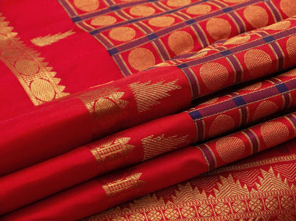 Red Checks Kanchipuram Silk Saree With Rettai Pettu Border Handwoven Pure Silk Pure Zari For Wedding Wear PV NYC 732 - Silk Sari - Panjavarnam