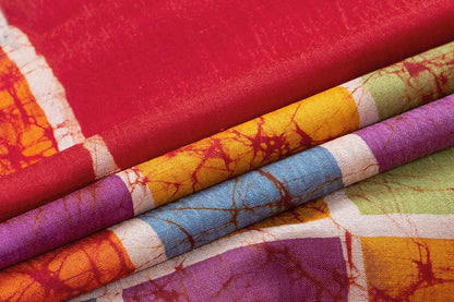 Red Checks Lightweight Borderless Batik Silk Saree Handwoven Pure Silk For Office Wear PB 320 - Linen Sari - Panjavarnam