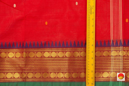 Red Chettinad Cotton Saree With Temple Border For Casual Wear PV CC 150 - Cotton Saree - Panjavarnam