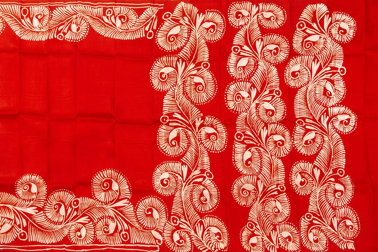 Red Floral Design Lightweight Batik Silk Saree Handwoven Pure Silk For Office Wear PB 318 - Linen Sari - Panjavarnam