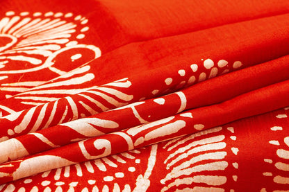 Red Floral Design Lightweight Batik Silk Saree Handwoven Pure Silk For Office Wear PB 318 - Linen Sari - Panjavarnam