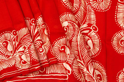 Red Floral Design Lightweight Batik Silk Saree Handwoven Pure Silk For Office Wear PB 318 - Linen Sari - Panjavarnam PB 318