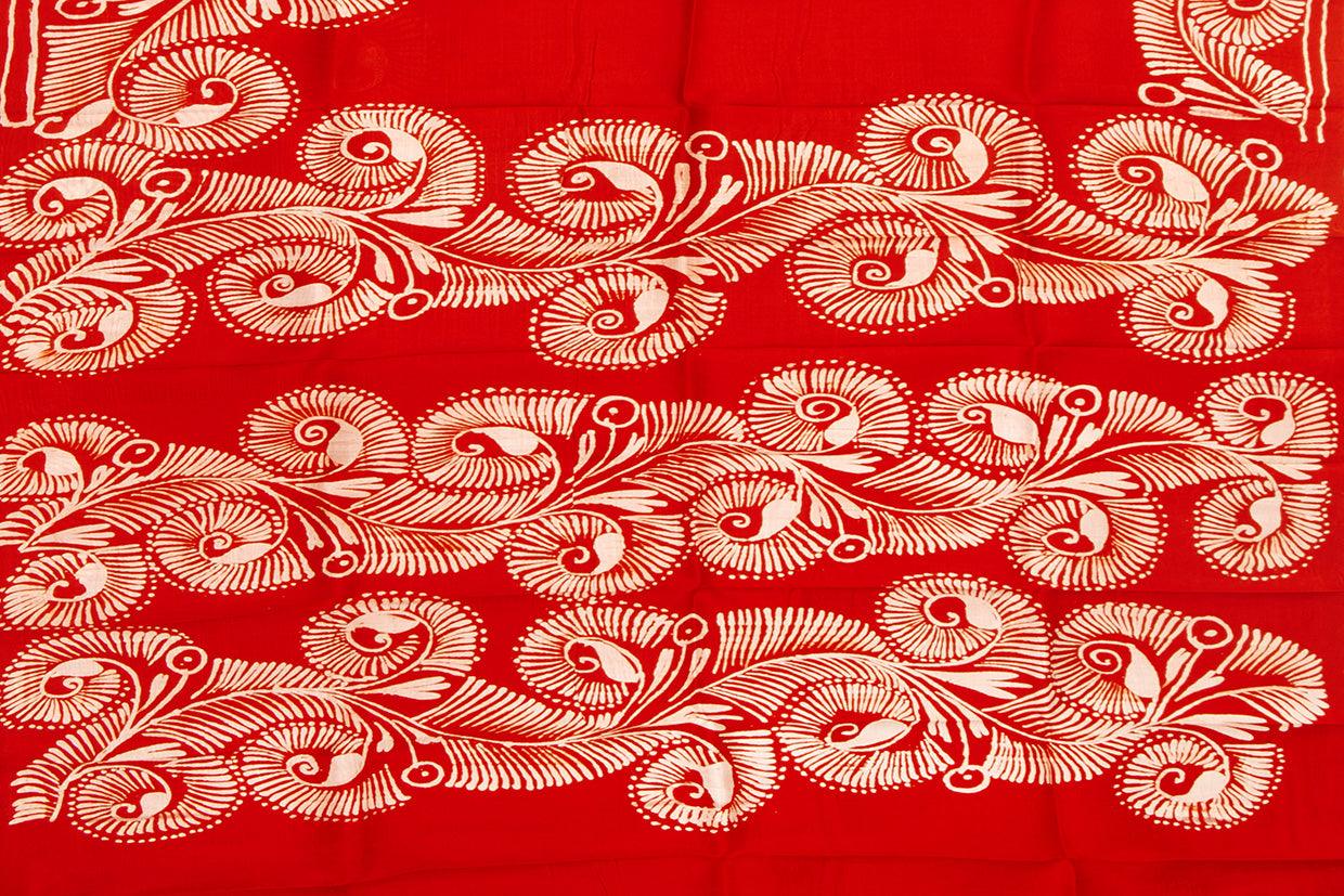 Red Floral Design Lightweight Batik Silk Saree Handwoven Pure Silk For Office Wear PB 318 - Linen Sari - Panjavarnam PB 318