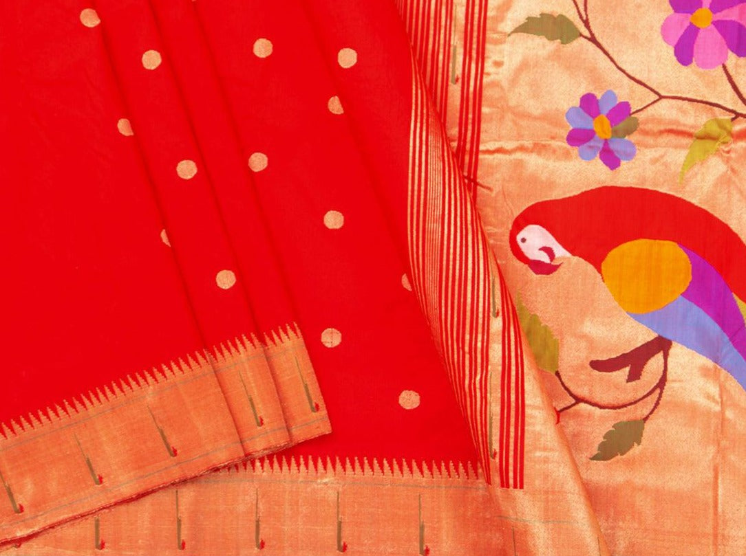 Red Handwoven Paithani Silk Saree Single Muniya Border Pure Silk PV MG 2024 - Paithani Saree - Panjavarnam PV MG 2024