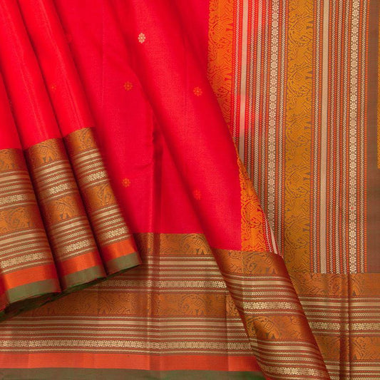Red Kanchipuram Silk Saree Handwoven Pure Silk No Zari For Office Wear PV RSP 134 - Silk Sari - Panjavarnam PV RSP 134