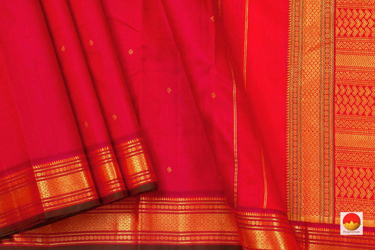 Red Kanchipuram Silk Saree Handwoven Pure Silk Pure Zari With Small Border For Festive Wear PV ABI 258 - Silk Sari - Panjavarnam PV ABI 258