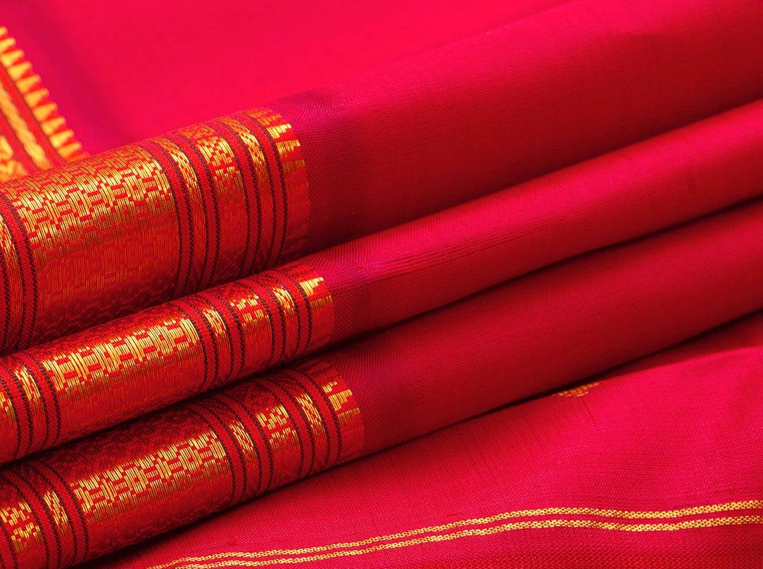 Red Kanchipuram Silk Saree Handwoven Pure Silk Pure Zari With Small Border For Festive Wear PV ABI 258 - Silk Sari - Panjavarnam PV ABI 258