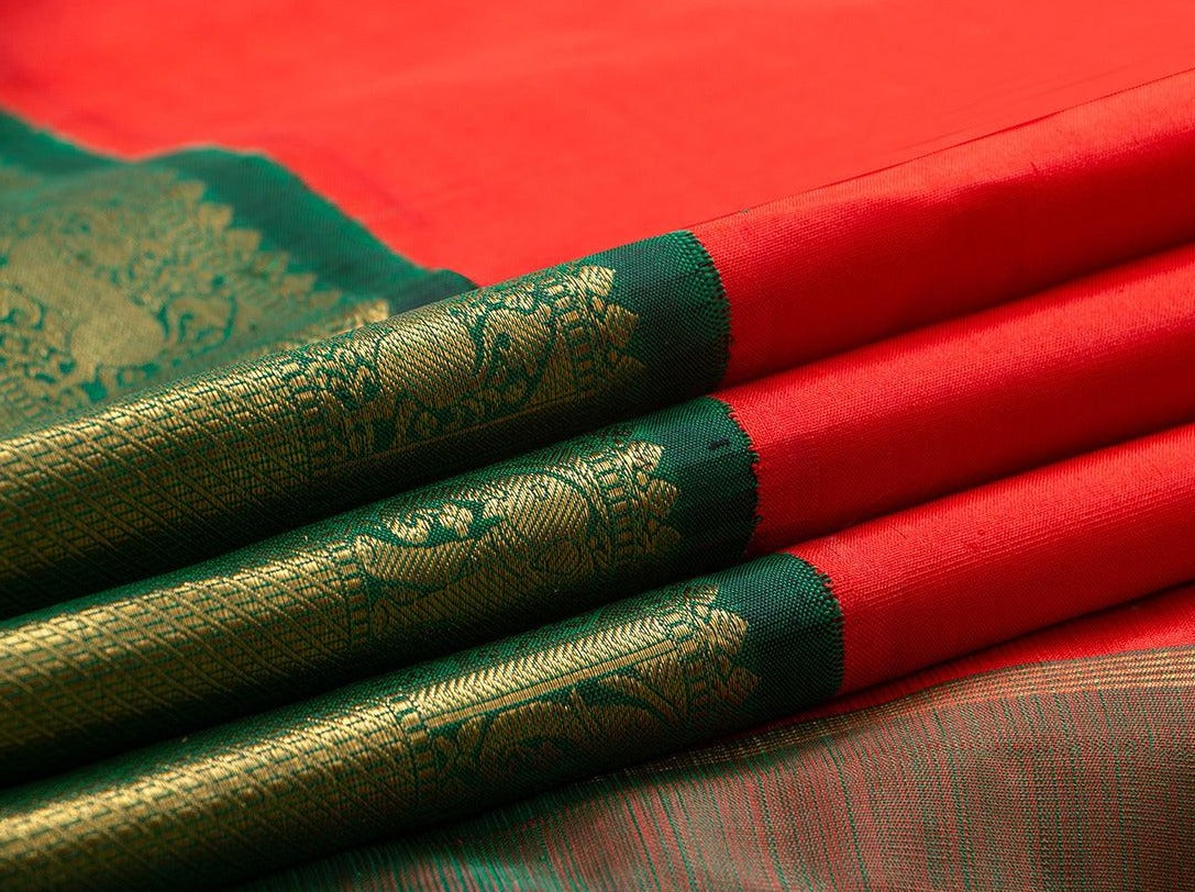 Red Kanchipuram Silk Saree With Green Korvai Border Handwoven Pure Silk Pure Zari For Wedding Wear PV J 5524 - - Panjavarnam