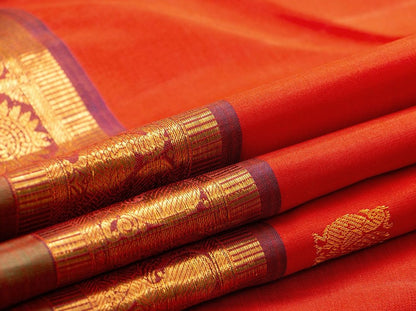 Red Kanchipuram Silk Saree With Small Border Handwoven Pure Silk For Festive Wear PV J 230 - Silk Sari - Panjavarnam PV J 230