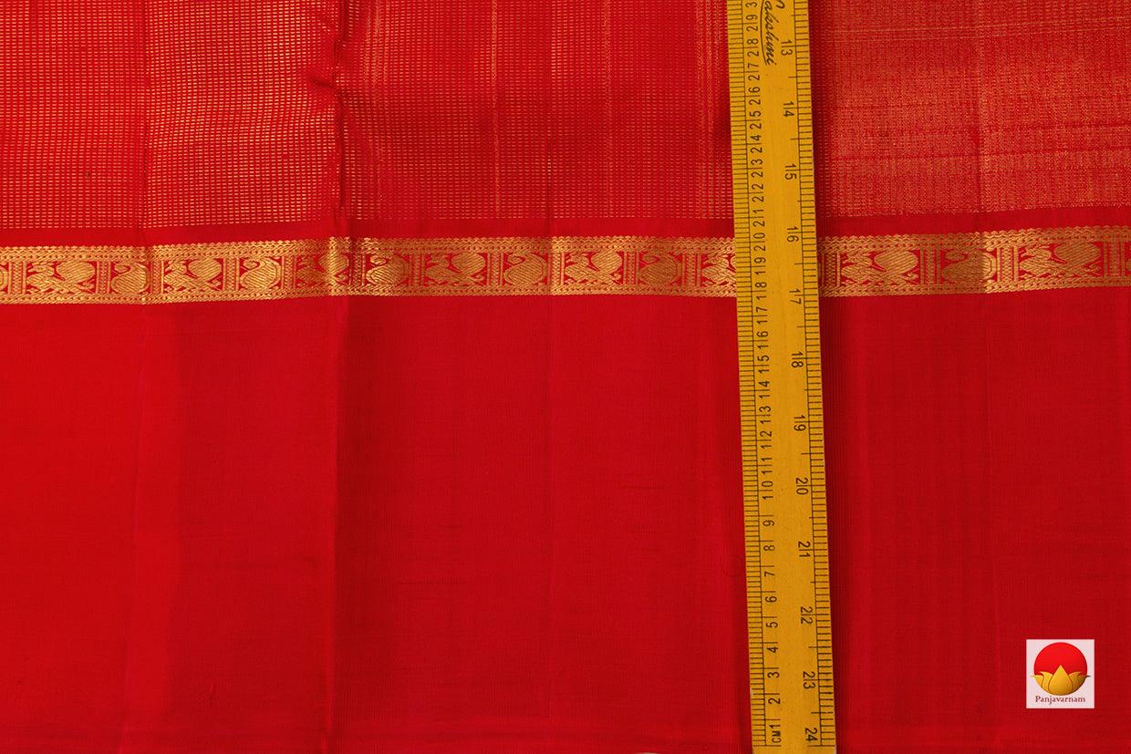 Red Kanchipuram Silk Saree With Vaira Oosi Zari Stripes And Contrast Green Blouse Handwoven Pure Silk Pure Zari For Wedding Wear PV NYC 686 - Silk Sari - Panjavarnam