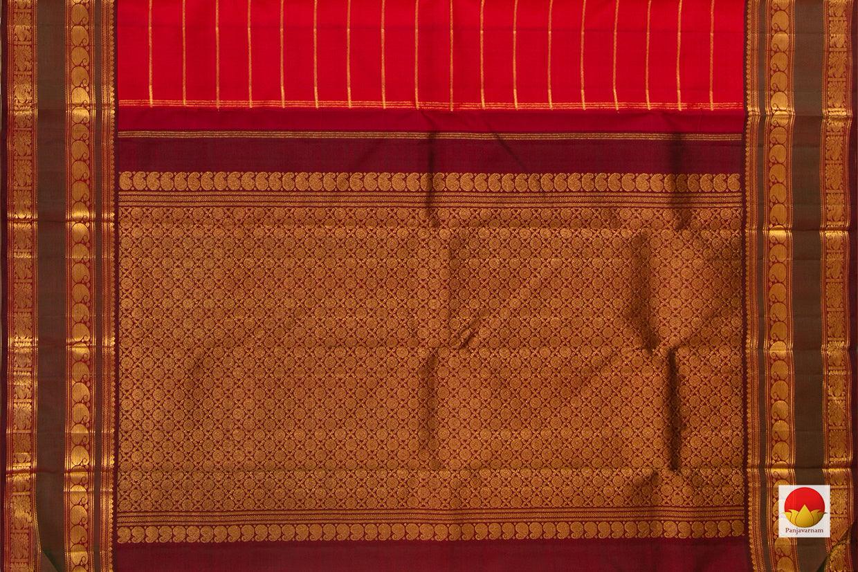 Red Kanchipuram Silk Saree With Veldhari Stripes Handwoven Pure Silk Pure Zari For Festive Ocassion PV J 4272 - Silk Sari - Panjavarnam