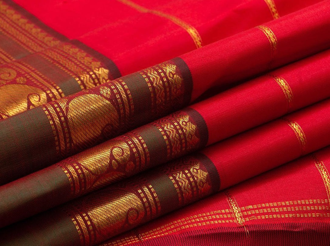 Red Kanchipuram Silk Saree With Veldhari Stripes Handwoven Pure Silk Pure Zari For Festive Ocassion PV J 4272 - Silk Sari - Panjavarnam