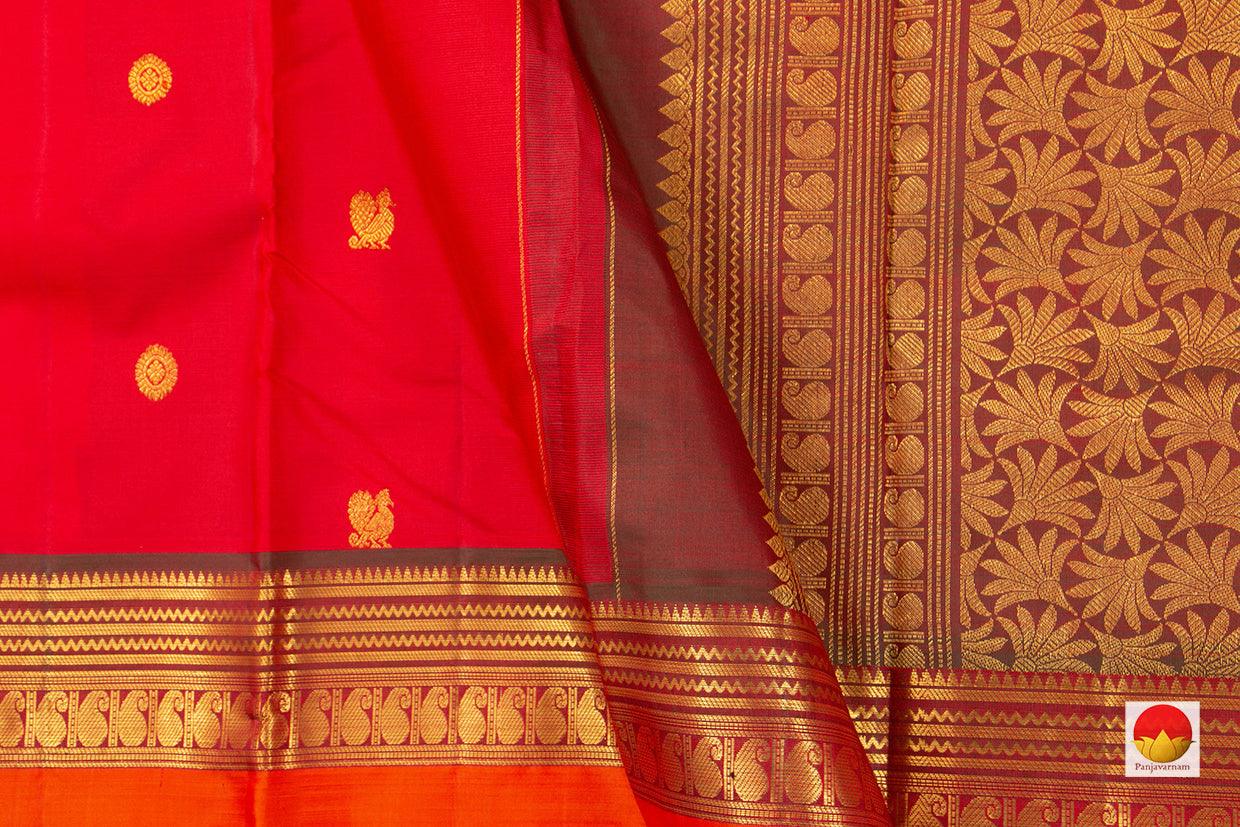 Red Korvai Kanchipuram Silk Saree Handwoven Pure Silk And Pure Zari With Buttas For Weddings PV J 7620 - Silk Sari - Panjavarnam