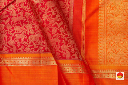 Red Vanasingaram Kanchipuram Silk Saree With Rettai Pettu Orange Border Handwoven Pure Silk Pure Zari For Wedding Wear PV NYC 951 - Silk Sari - Panjavarnam PV NYC 951