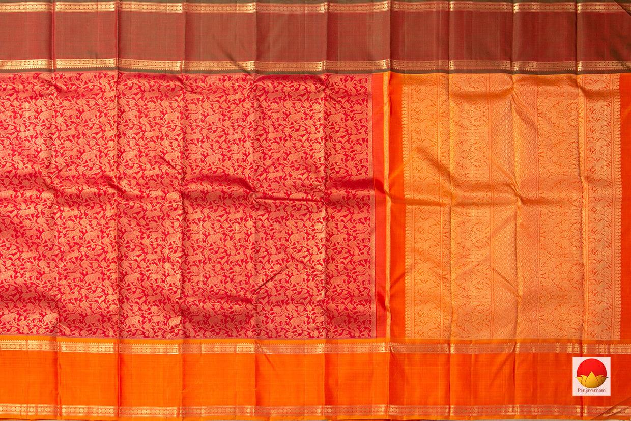 Red Vanasingaram Kanchipuram Silk Saree With Rettai Pettu Orange Border Handwoven Pure Silk Pure Zari For Wedding Wear PV NYC 951 - Silk Sari - Panjavarnam PV NYC 951