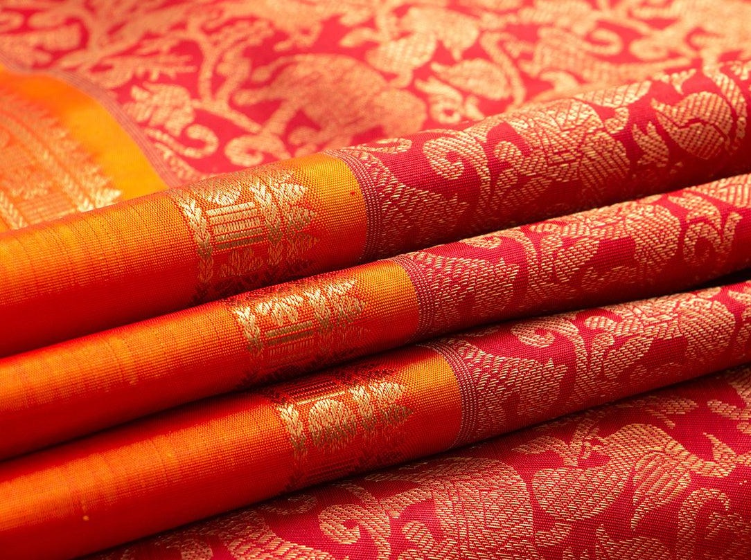 Red Vanasingaram Kanchipuram Silk Saree With Rettai Pettu Orange Border Handwoven Pure Silk Pure Zari For Wedding Wear PV NYC 951 - Silk Sari - Panjavarnam PV NYC 951