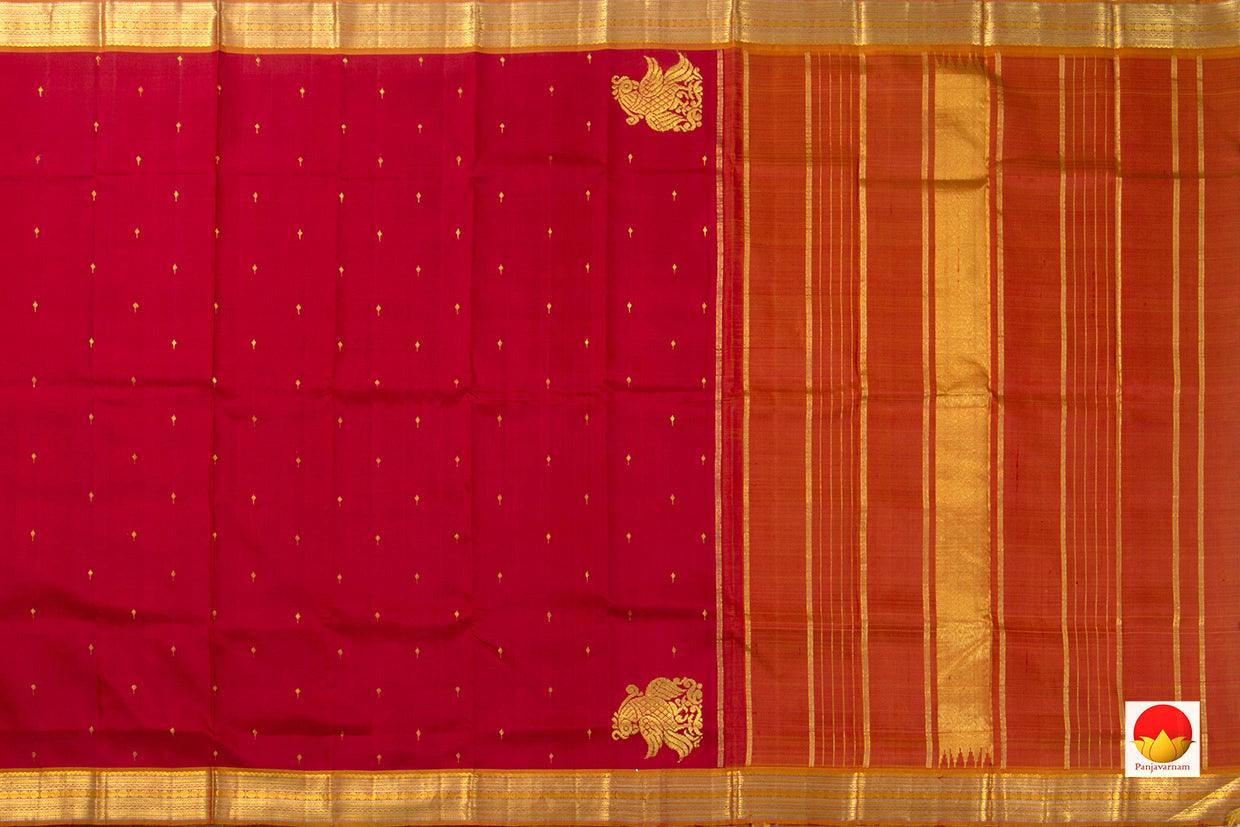 Red borderless pure soft silk saree with store zari buttas