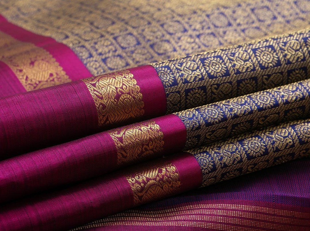 Royal Blue Kanchipuram Silk Saree With Magenta Korvai Contrast Border Handwoven Pure Silk Pure Zari For Bridal Wear PV NYC 957 - Silk Sari - Panjavarnam