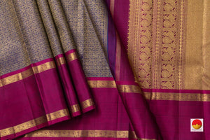 Royal Blue Kanchipuram Silk Saree With Magenta Korvai Contrast Border Handwoven Pure Silk Pure Zari For Bridal Wear PV NYC 957 - Silk Sari - Panjavarnam PV NYC 957