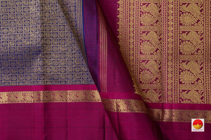 Royal Blue Kanchipuram Silk Saree With Magenta Korvai Contrast Border Handwoven Pure Silk Pure Zari For Bridal Wear PV NYC 957 - Silk Sari - Panjavarnam PV NYC 957