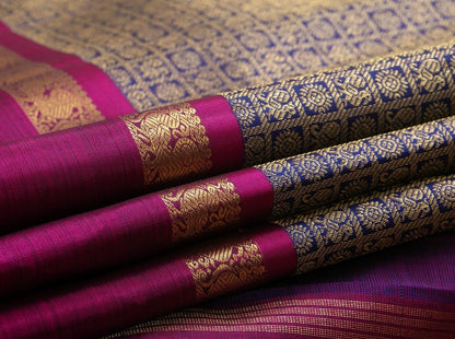 Royal Blue Kanchipuram Silk Saree With Magenta Korvai Contrast Border Handwoven Pure Silk Pure Zari For Bridal Wear PV NYC 957 - Silk Sari - Panjavarnam PV NYC 957